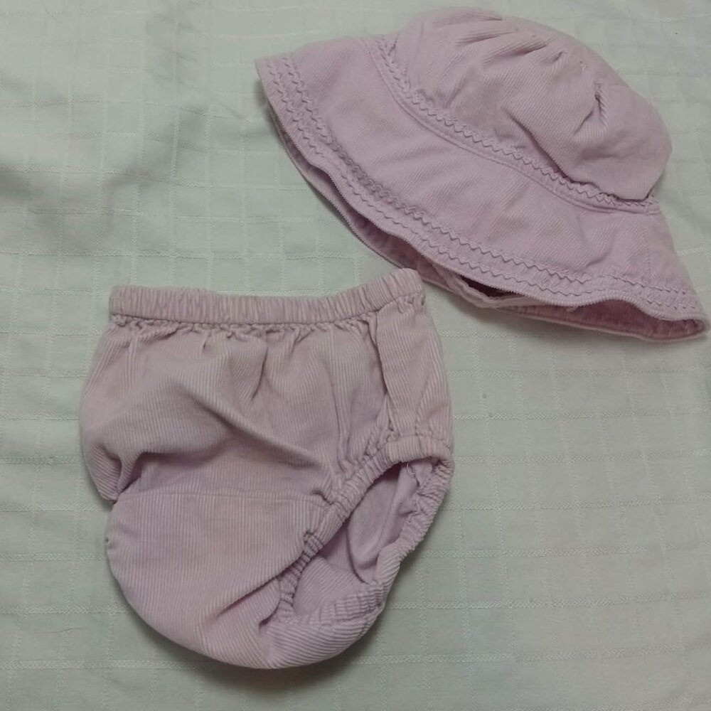 Pretty hat and diaper cover in lilac corduroy, 2005